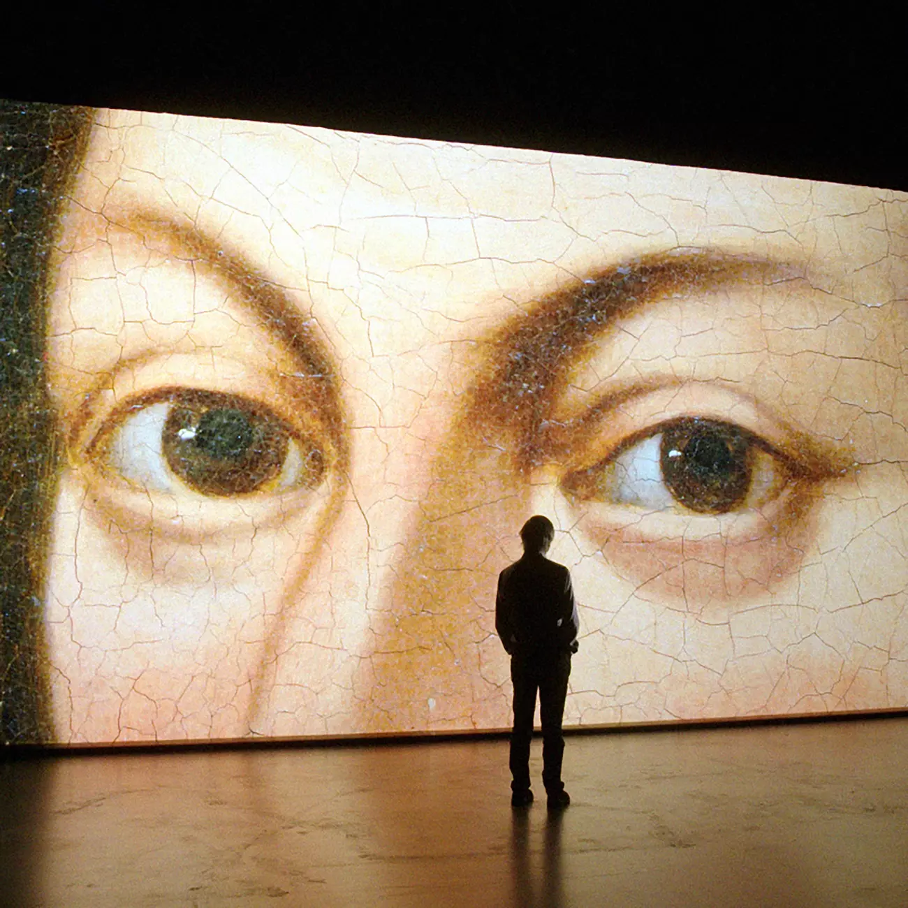 une personne devant un écran de projection sur lequel on peut voir les yeux d'une femme